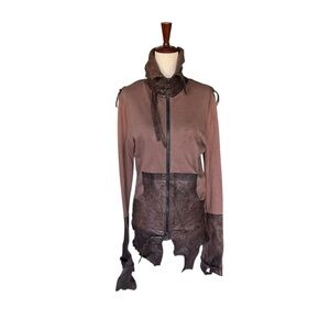 Michel Berandi Men’s Brown Spider Web Leather Sweatshirt Jacket Rick Owens Y2K